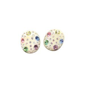Vintage Mid Century Plastic Earrings Colorful Rhinestones Round Clip on Earrings